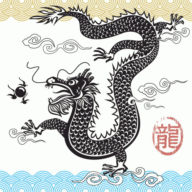 Flying dragon chasing a pearl through the clouds