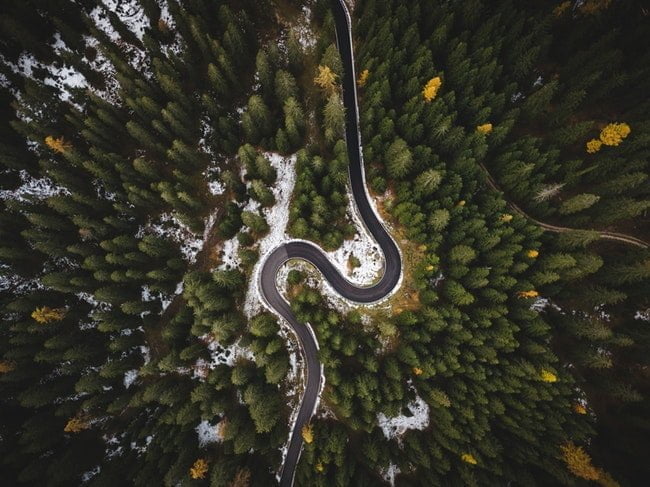 aerial view of road winding through forest