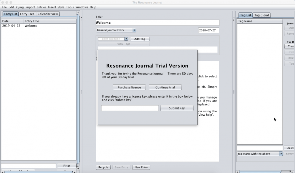 Resonance Journal welcome screen