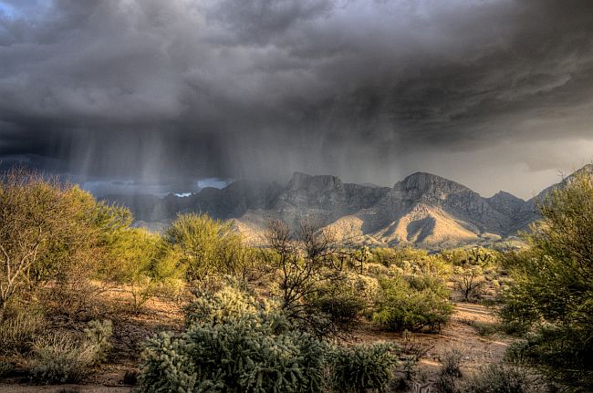rainfall in a sunlit desert landscape