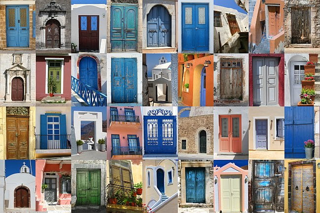 collage of sunlit doorways in Greece