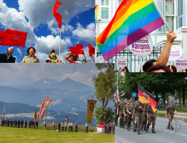 Photo collage of people following banners: anti-government Communist protest; LGBT marchers in Turkey; Sacred Heart procession; German soldiers participating in a Four Day March.