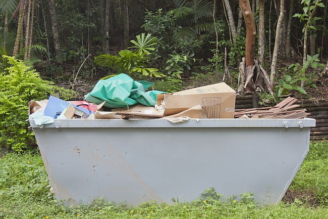 photo of a full skip with dark forest in the background