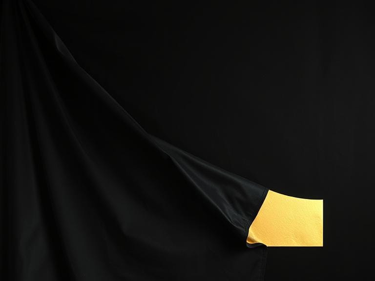 A black curtain is drawn back, unveiling something bright gold