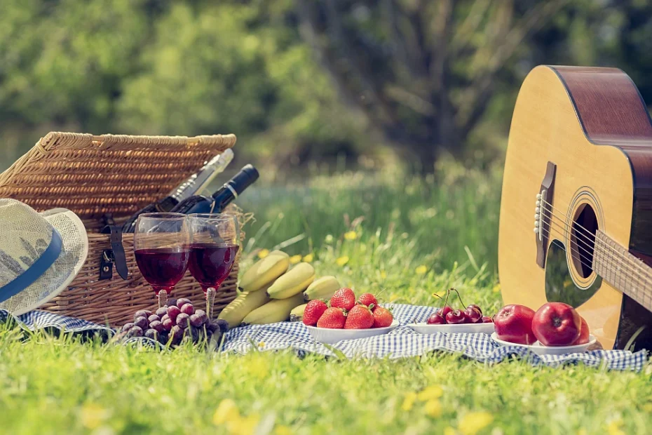 picnic blanket with fruit, wine and guitar