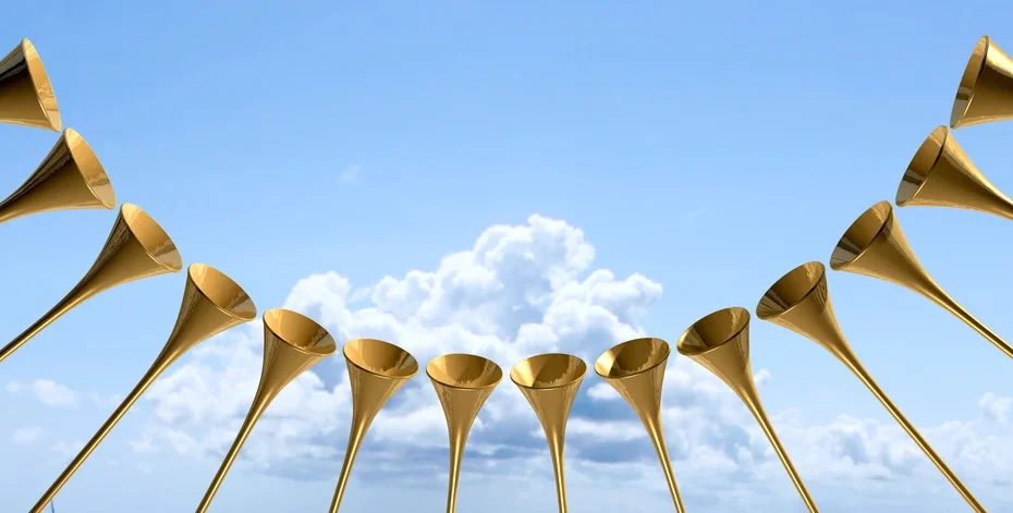 golden trumpets and a blue sky